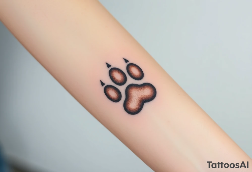 A detailed cat paw print with soft fur textures, using natural tones of cream, gray, and light brown and hearts within tattoo idea