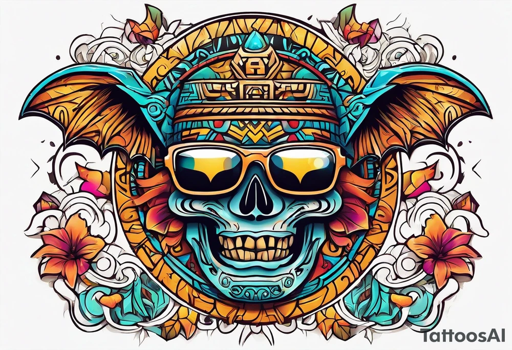 Colorful Mayan hieroglyph wearing sunglasses with bats and water tattoo idea