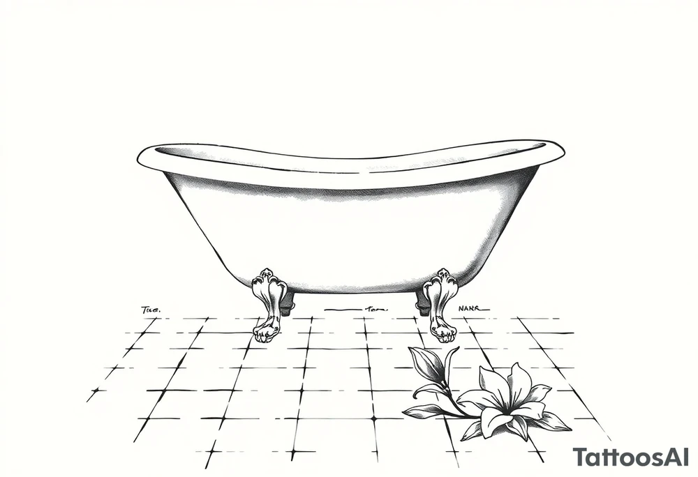 Clawfoot bathtub on tile floor with lily coming up from floor tattoo idea