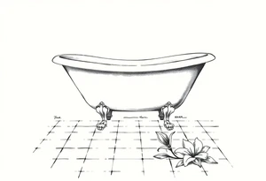 Clawfoot bathtub on tile floor with lily coming up from floor tattoo idea
