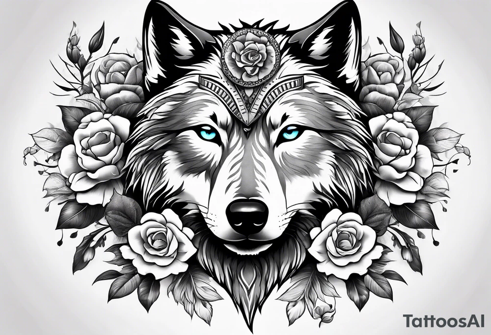 Wolf head half skull half real with flowers around tattoo idea
