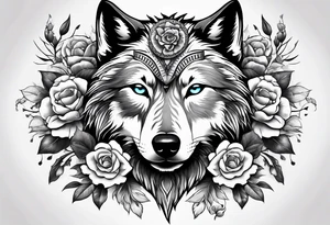 Wolf head half skull half real with flowers around tattoo idea