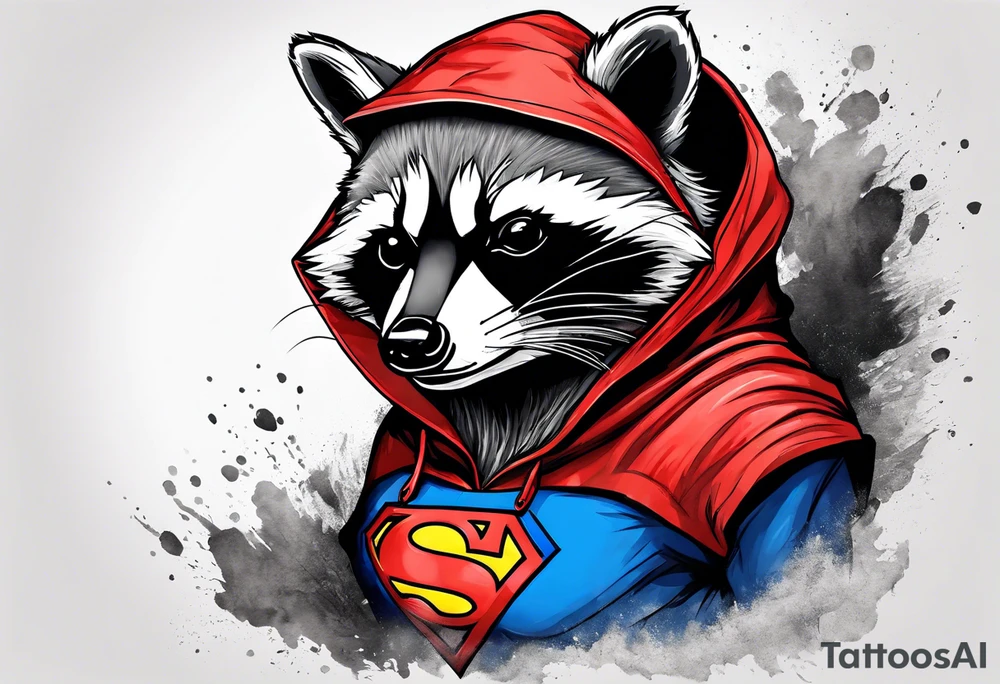 raccoon wearing a Superman hoodie tattoo idea