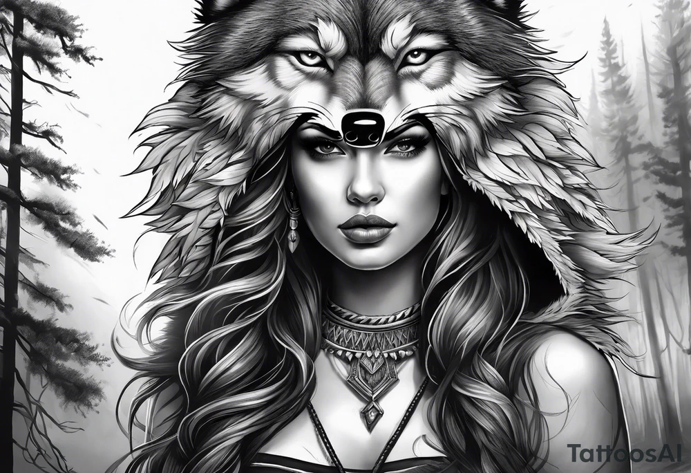 Beautiful woman wearing a wolf head dress, the wolf face should be snarling and look super aggressive. Background of forest with raging storm tattoo idea