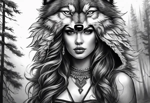 Beautiful woman wearing a wolf head dress, the wolf face should be snarling and look super aggressive. Background of forest with raging storm tattoo idea