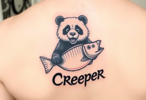 Wrestling panda holding a broken bass and the word creeper tattoo idea