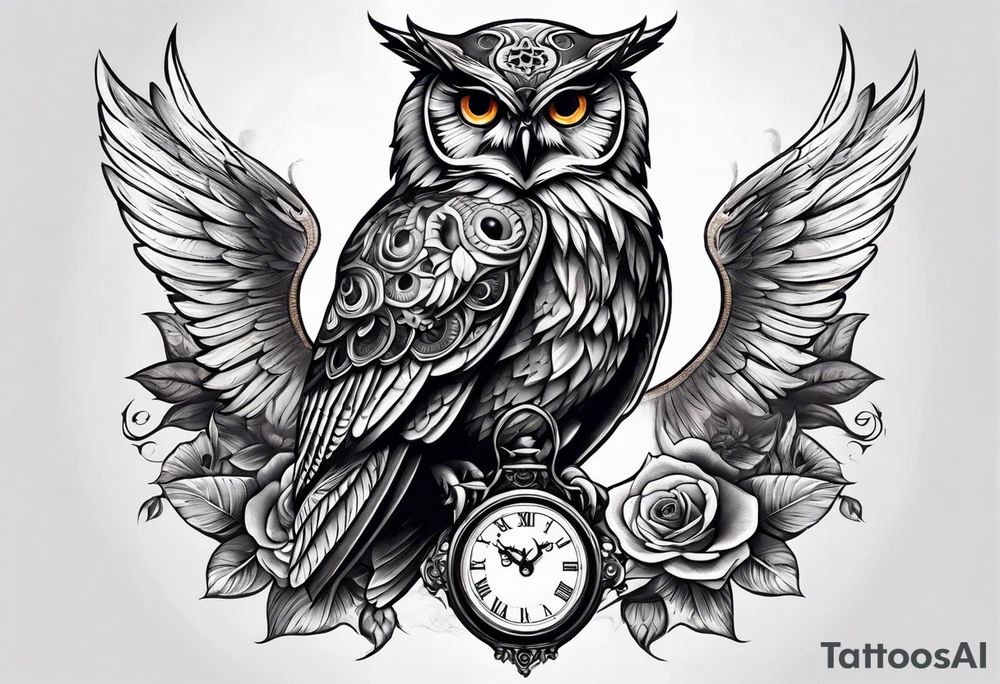 owl with a clock and skull
wisdom and new life tattoo idea