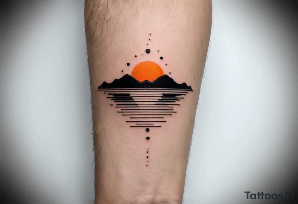 This is an extremely simple and minimalistic tattoo placed on male forearm. It is black and white with tiny splashes of orange from the sun. The tattoo is 4 inches wide by 2 inches tall. From the perspective of being on the ocean, the water is calm, with no waves in sight, the sun is setting behind the ocean, reflecting light onto the water. Most importantly, the tattoo in the shape of a rectangle, 4 inches wide by 2 inches tall. tattoo idea
