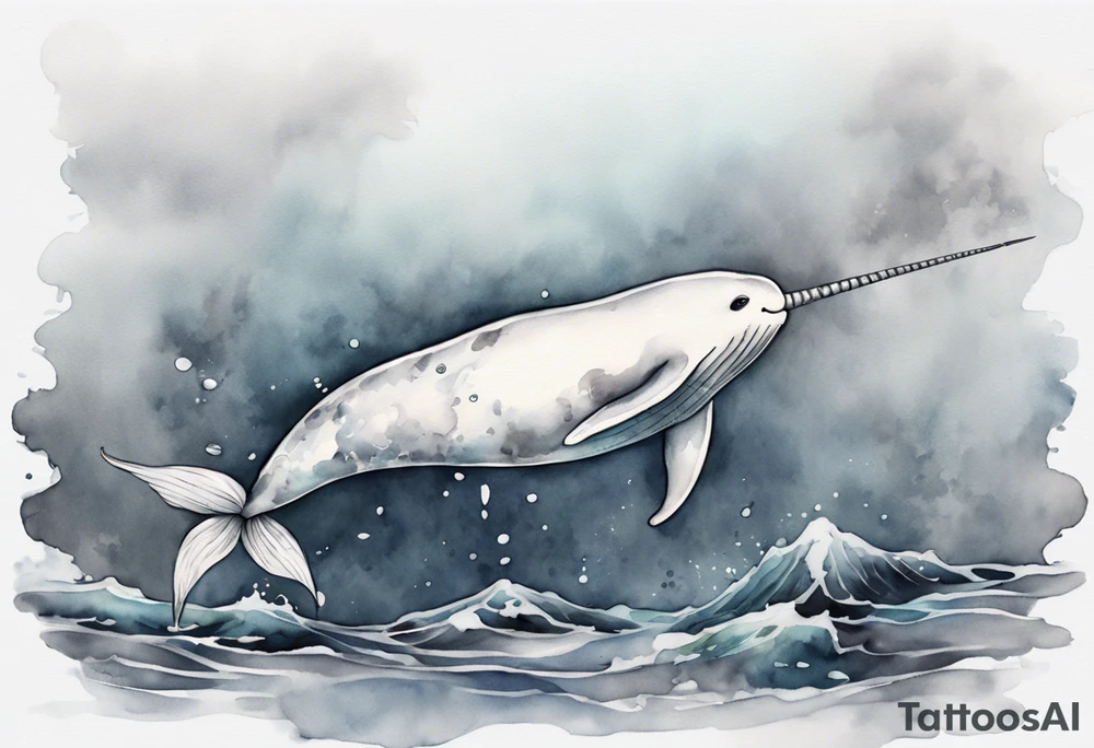 a melancholy watercolor painting of a realistic white narwhal swimming in a grey sea tattoo idea