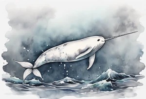 a melancholy watercolor painting of a realistic white narwhal swimming in a grey sea tattoo idea