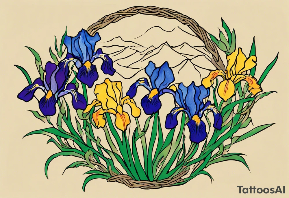 Create a small colorful Vincent van Gogh Irises tattoo in the form of a crescent, with vines or Celtic knots gracefully intertwining at a central point in the middle of the wreath.  In the middle of the wreath are mountains and other items found in New Mexico. Ensure that the design avoids the appearance of a bush and maintains a more structured and deliberate arrangement. The intended placement is on the upper chest. The overall design should be small in size while maintaining a delicate and artistic aesthetic. Pay attention to the graceful flow of the vines and the placement of the irises to achieve a refined and elegant look. tattoo idea