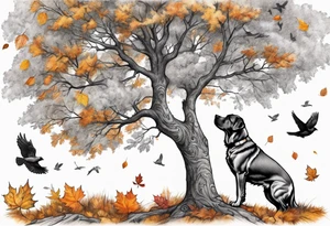 Autumn tree with a medium size grey brindle dog sitting under it and to the right facing it looking up and birds flying from the top right of the tree far view and full tree tattoo idea