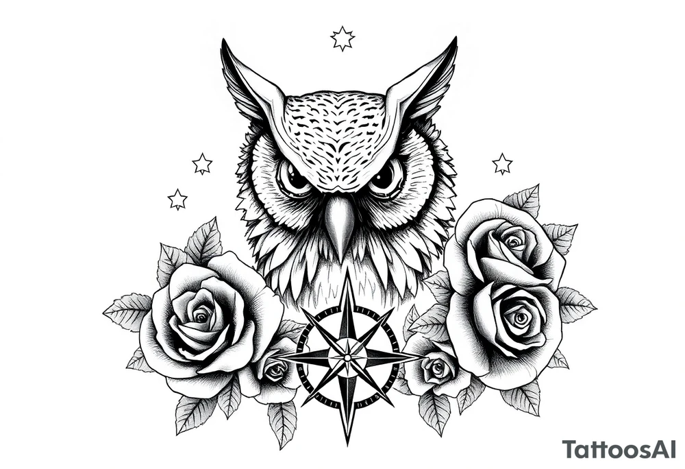 an owl,compass,roses,stars. tattoo idea