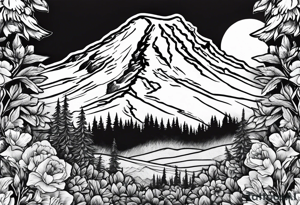 mount rainier with flowers around it tattoo idea