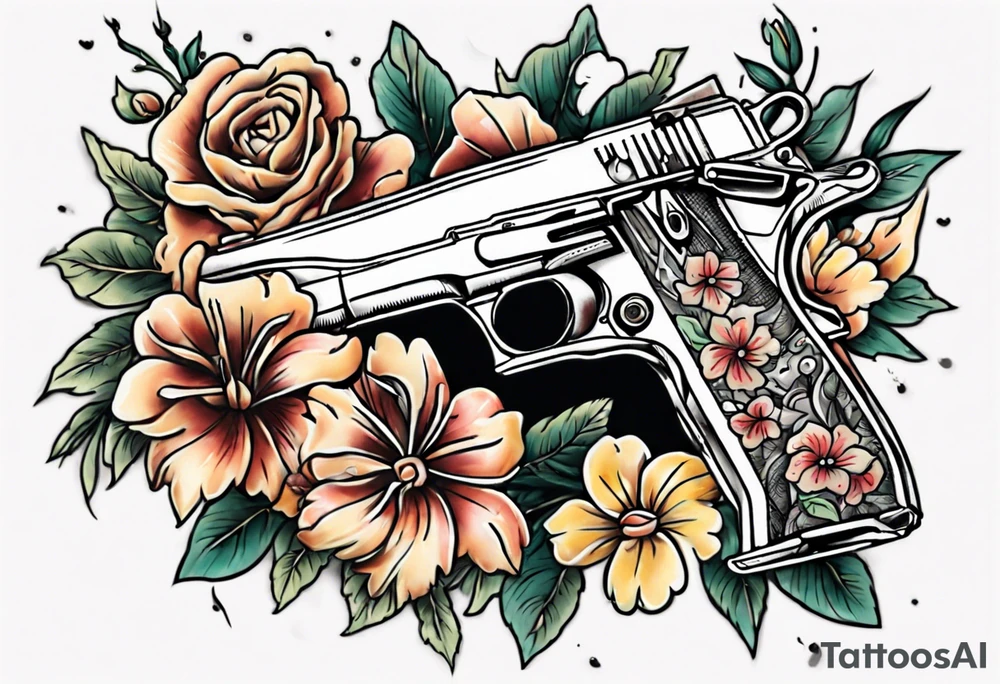 Gun with flowers sketch old school styles tattoo idea