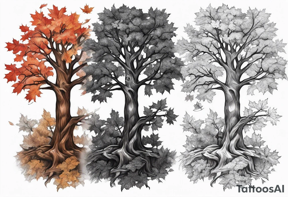 A maple tree with branches and a cross combined into the trunk. It is a forearm sleeve tattoo idea