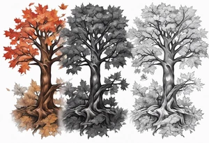 A maple tree with branches and a cross combined into the trunk. It is a forearm sleeve tattoo idea