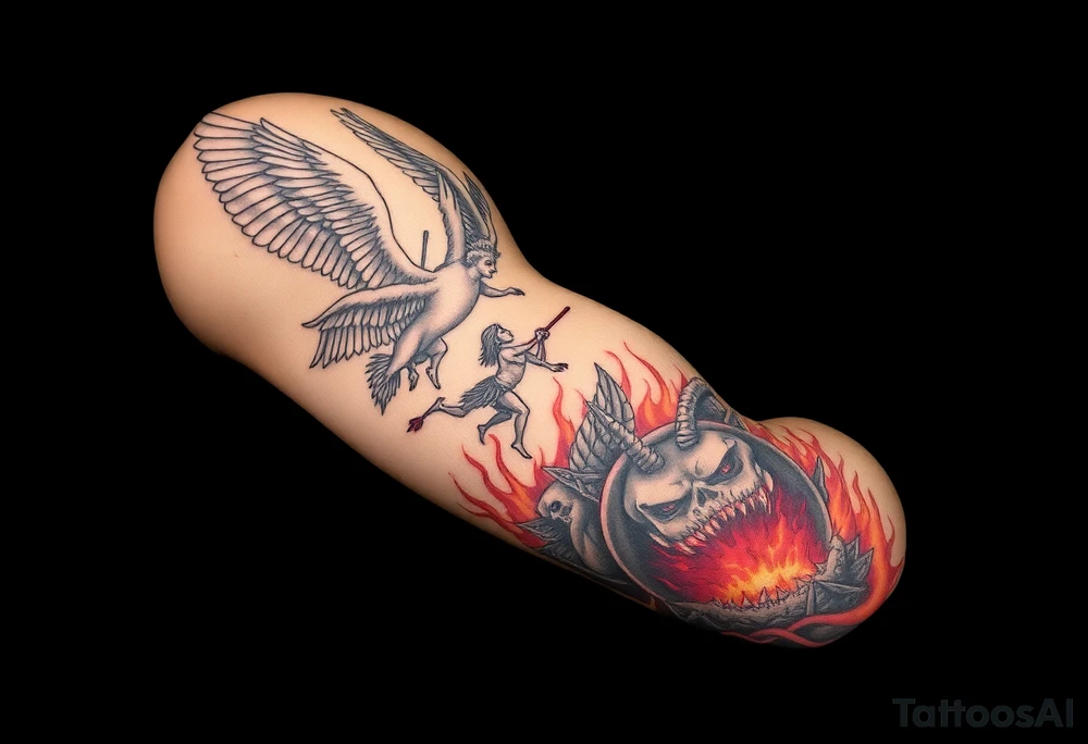 Heaven’s angels fighting hells demons. Angels flying and demons climbing up out of hell tattoo idea