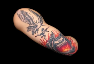 Heaven’s angels fighting hells demons. Angels flying and demons climbing up out of hell tattoo idea