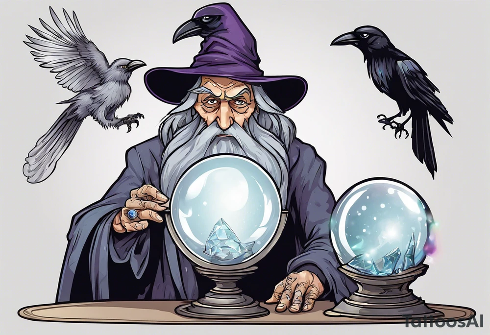 Wicked old wizard with long grey beard and no pupils behind a crystal ball on a table with a raven beside the crystal ball tattoo idea