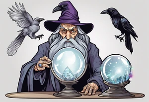 Wicked old wizard with long grey beard and no pupils behind a crystal ball on a table with a raven beside the crystal ball tattoo idea