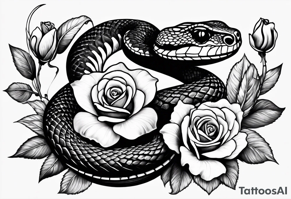 Cobra pintada de preto com rosas brancas nela mesma tattoo idea