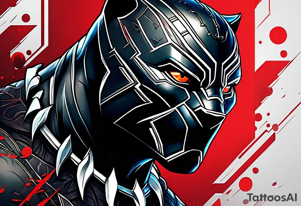 unique black panther tattoo, dynamic pose, showcasing its strength and grace, striking red eyes, intense and captivating elements, artistic flair, blending realism with abstract elements tattoo idea