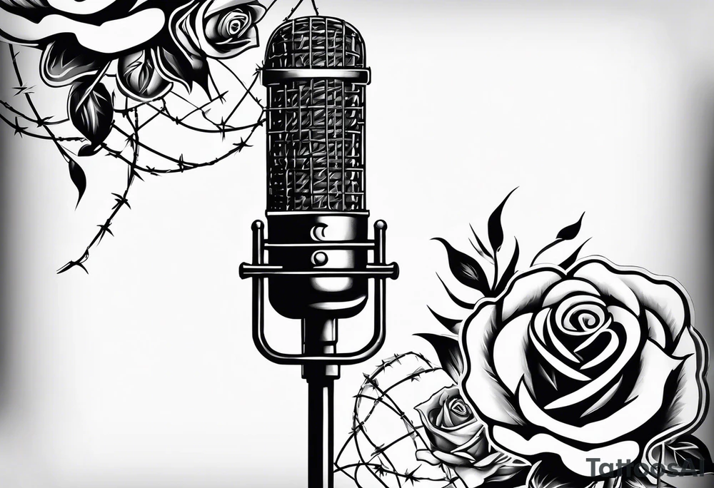 Country music microphone, roses and barbed wire in background tattoo idea