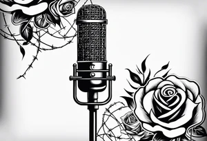 Country music microphone, roses and barbed wire in background tattoo idea