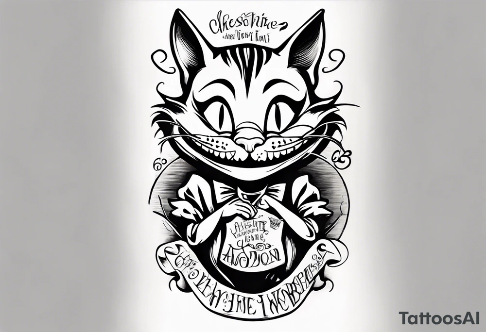Cheshire Cat From Alice in wonderland with quote tattoo idea
