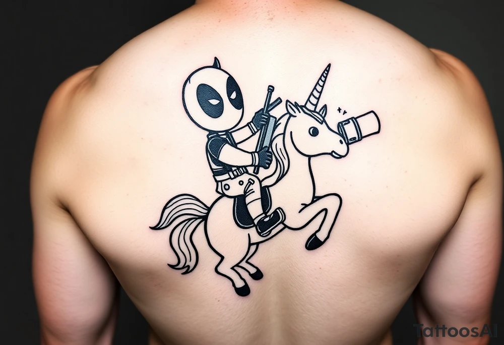Deadpool riding cartoon unicorn holding rocket propelled grenade launcher tattoo idea