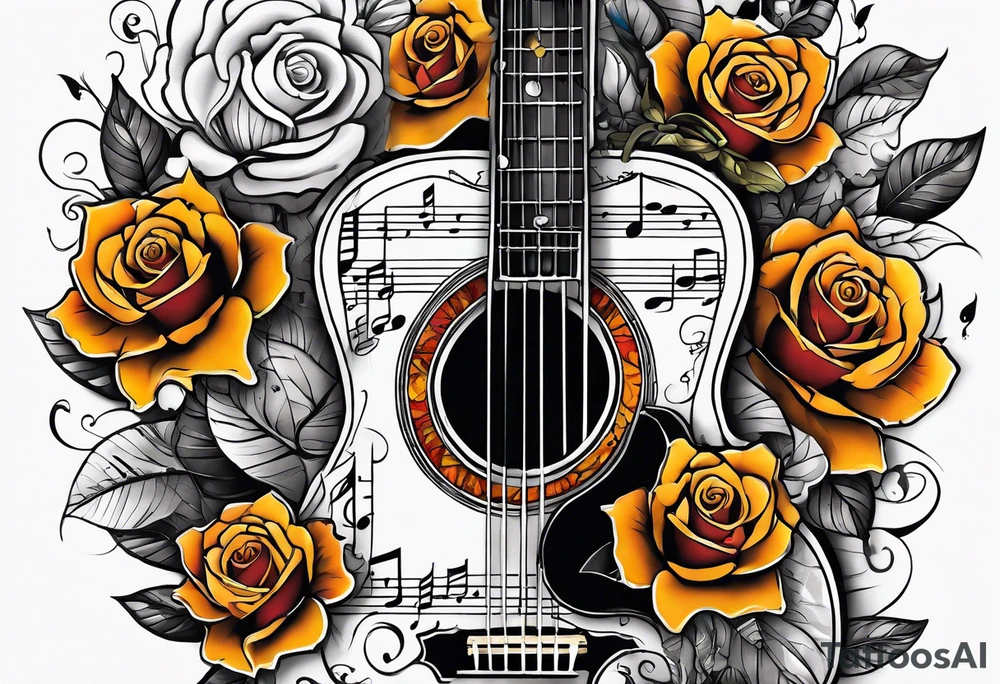 thigh tattoo with fall colors, music notation, flowers, roses and a guitar tattoo idea