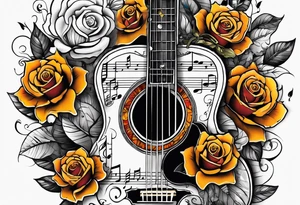 thigh tattoo with fall colors, music notation, flowers, roses and a guitar tattoo idea
