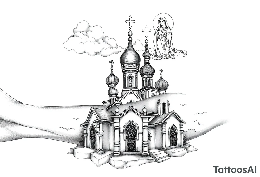 Russian Orthodox church with orthodox spire crosses, with clouds above it and a virgin mary seperately over looking sat above tattoo idea