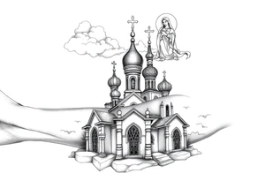 Russian Orthodox church with orthodox spire crosses, with clouds above it and a virgin mary seperately over looking sat above tattoo idea