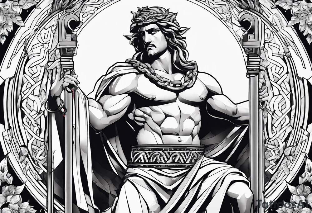 A greek god, chained to a Rock tattoo idea