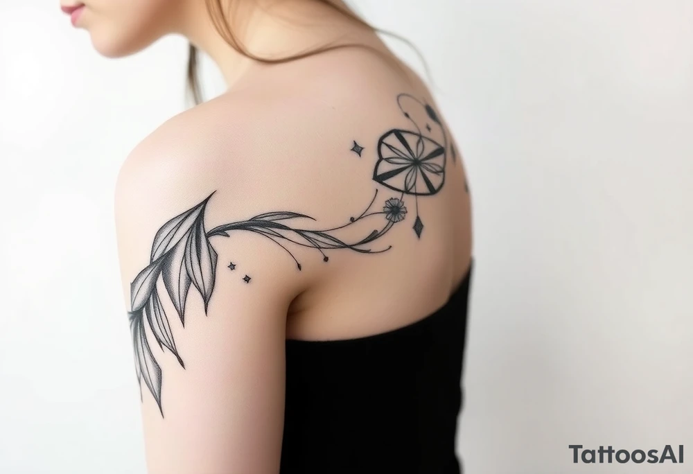 A mystical tattoo design for a woman, inspired by mythology. The artwork features a delicate yet powerful composition with elements from ancient myths—perhaps a goddess, a mythical creature, or enchanted symbols. The design should have a dreamy, ethereal feel with soft, blurred lines, creating a sense of mystery and fluidity. The shading should be smooth, with a watercolor or misty effect, making the tattoo appear almost like a fading legend on the skin. The overall aesthetic should be elegant, feminine, and slightly surreal. tattoo idea