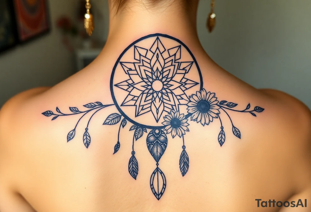 Dreamcatcher with zodiac symbols and protection runes caught in it with tigerlillies roses and sunflowers tattoo idea