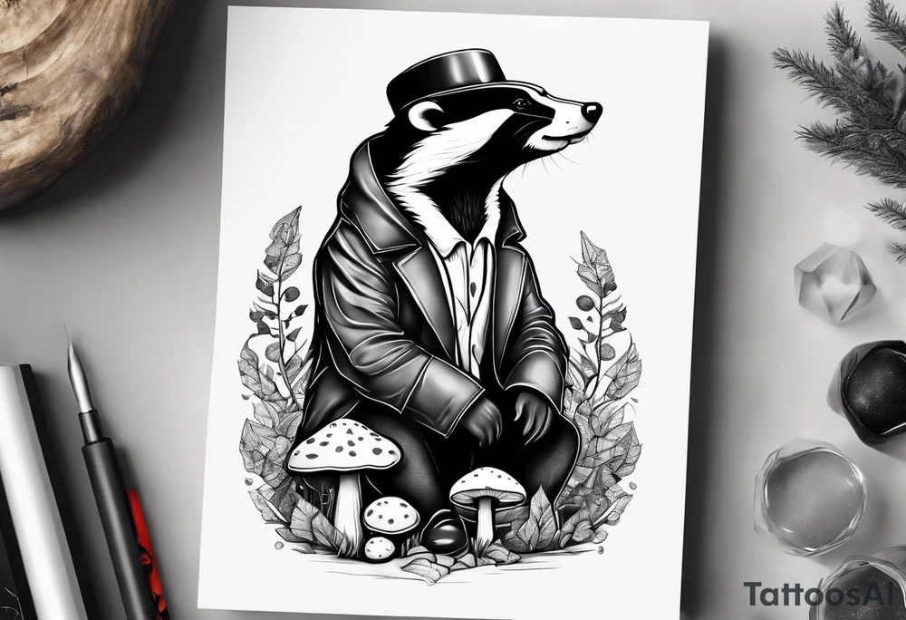 Badger in a coat sitting on a mushroom tattoo idea
