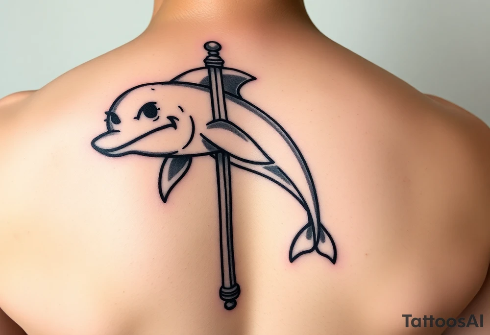 Cartoon dolphin on a stripper pole with a mischievous face tattoo idea