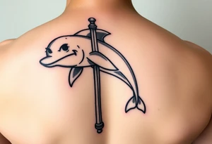 Cartoon dolphin on a stripper pole with a mischievous face tattoo idea