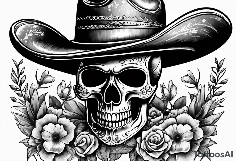 Mexican skull wearing cowboy hat with paintbrushes and bluebonnets flowers tattoo idea