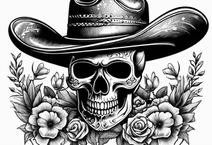 Mexican skull wearing cowboy hat with paintbrushes and bluebonnets flowers tattoo idea