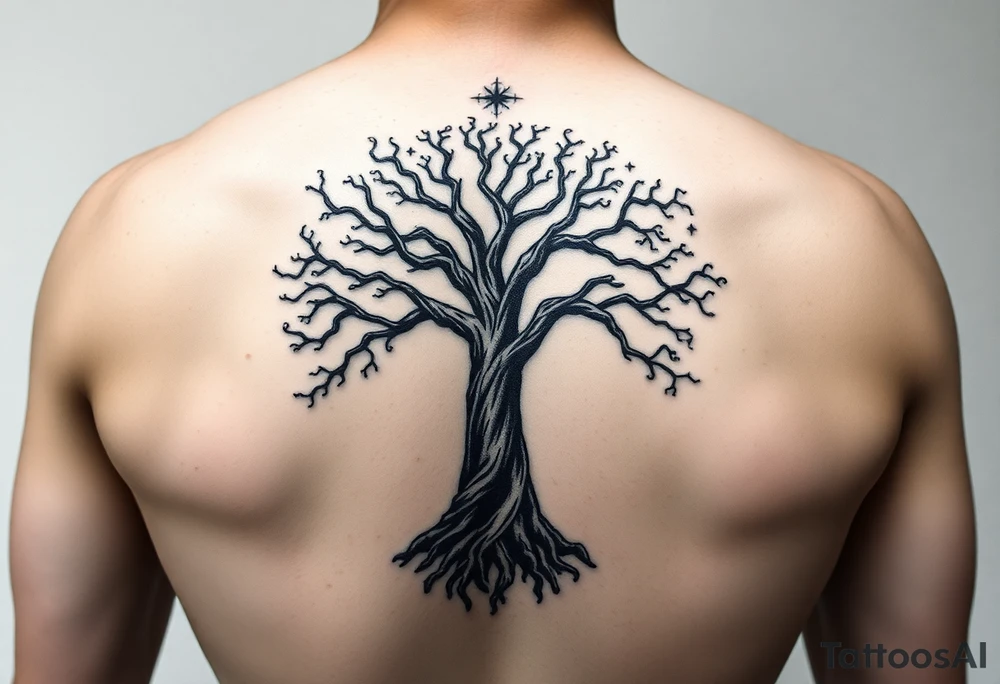 mystical tree of life with cosmic roots and celestial branches tattoo idea