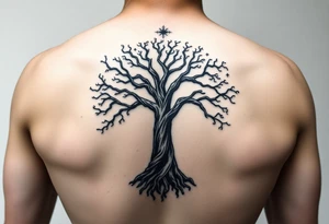 mystical tree of life with cosmic roots and celestial branches tattoo idea