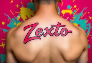 A bright colored graffiti style background with the name Zexto in script tattoo idea