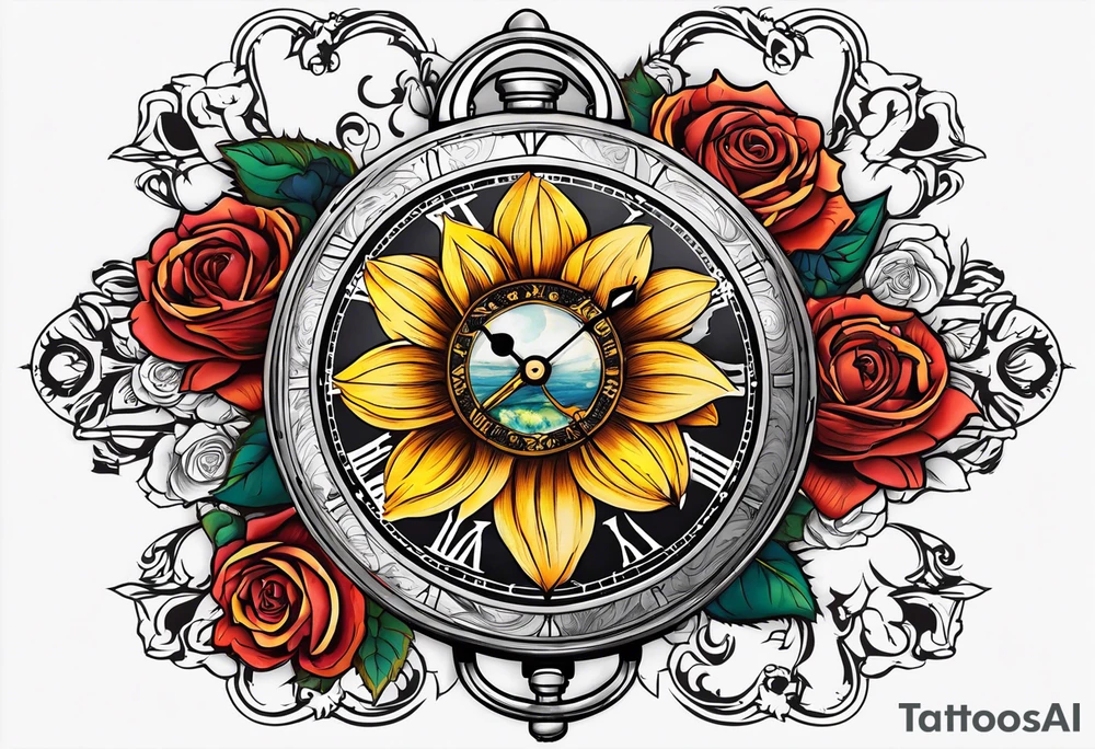 Sunflower, roses, witchy, 3 pocket watches, celestial, music tattoo idea