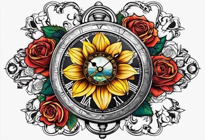 Sunflower, roses, witchy, 3 pocket watches, celestial, music tattoo idea