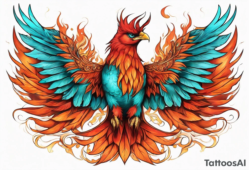 Proud Strong red orange phoenix with turquoise ends of flames wings tattoo idea