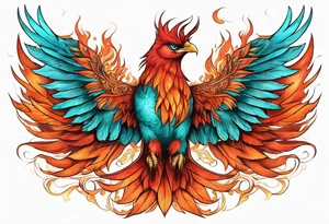 Proud Strong red orange phoenix with turquoise ends of flames wings tattoo idea